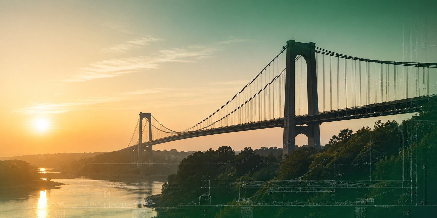 Suspension bridge at sunrise overlaid with engineering drawings