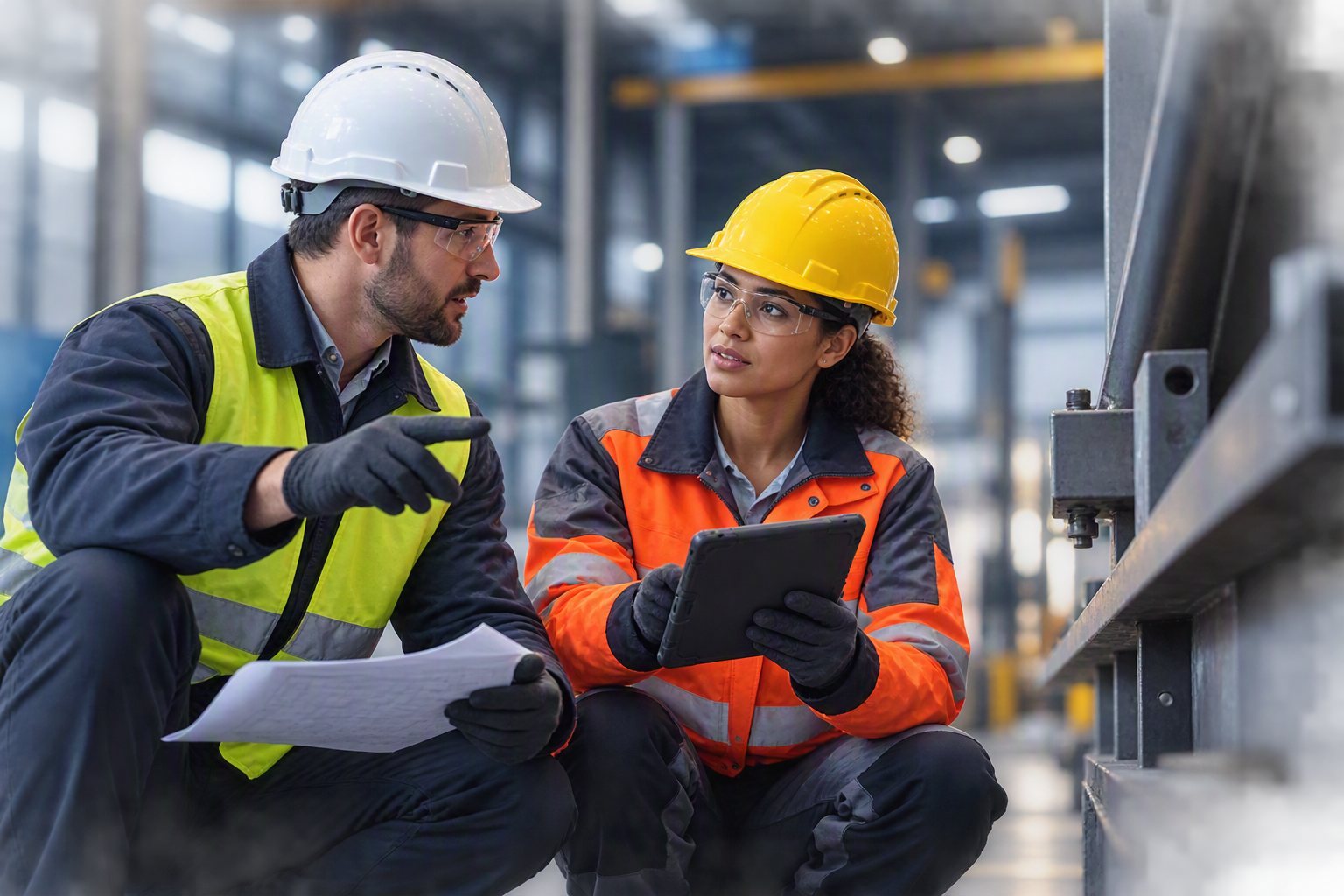 Two CERYN engineers in hi-vis reviewing drawings against a steel structure during a site inspection