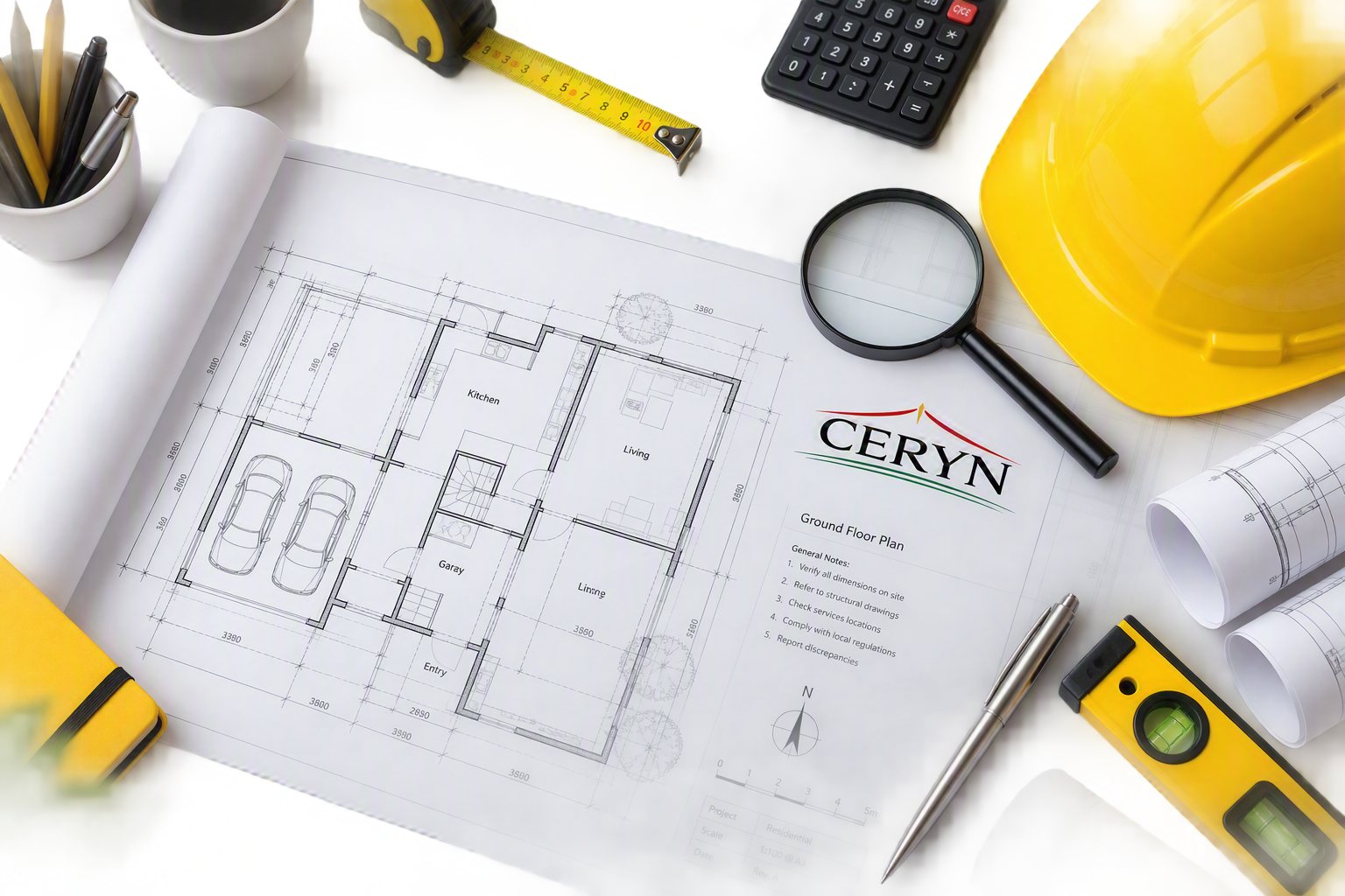 A CERYN-titled ground floor plan on a desk with hard hat, magnifier, scale rule and rolled drawings