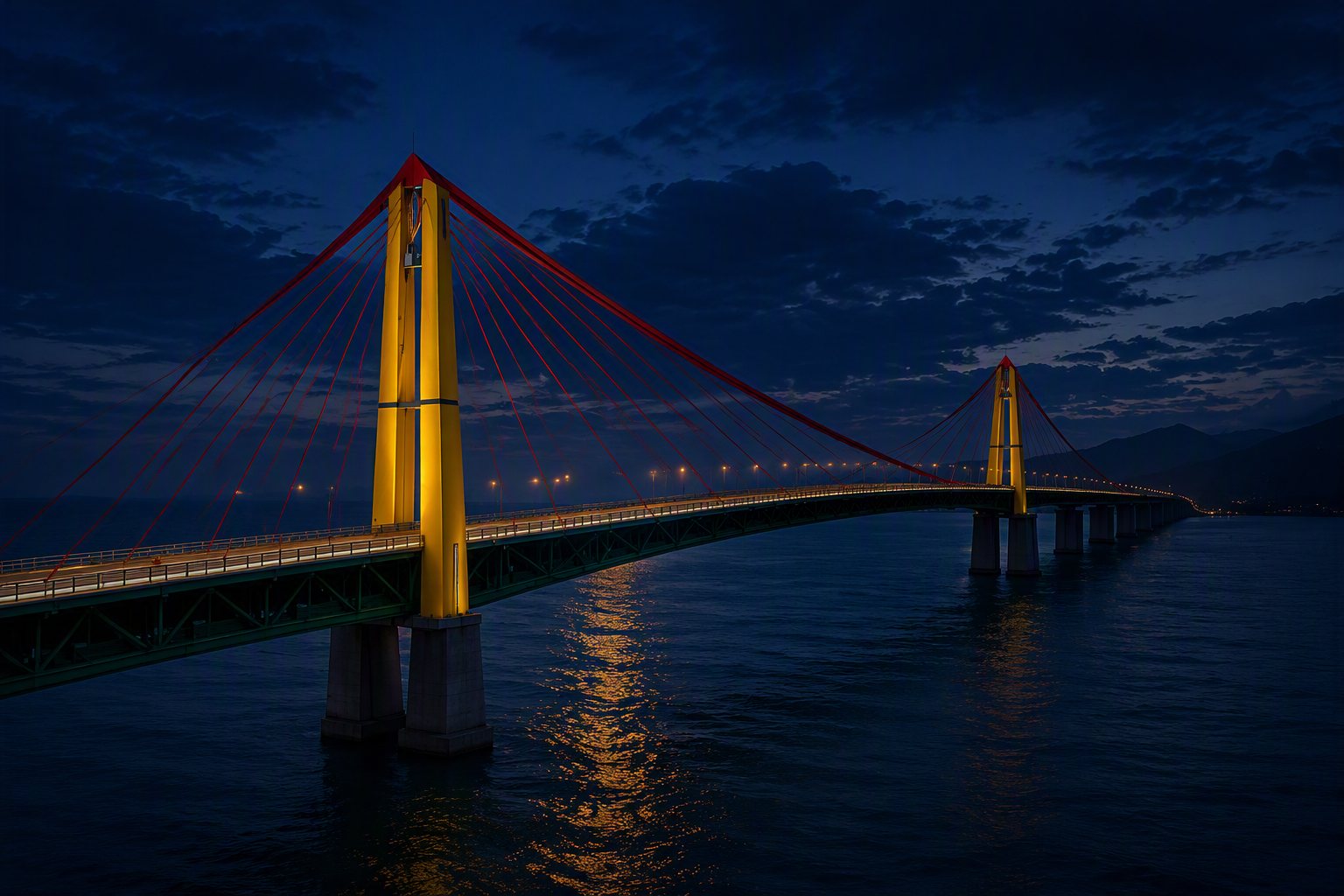 Cable-stayed bridge at dusk with gold towers, red stays and a green steel deck over open water