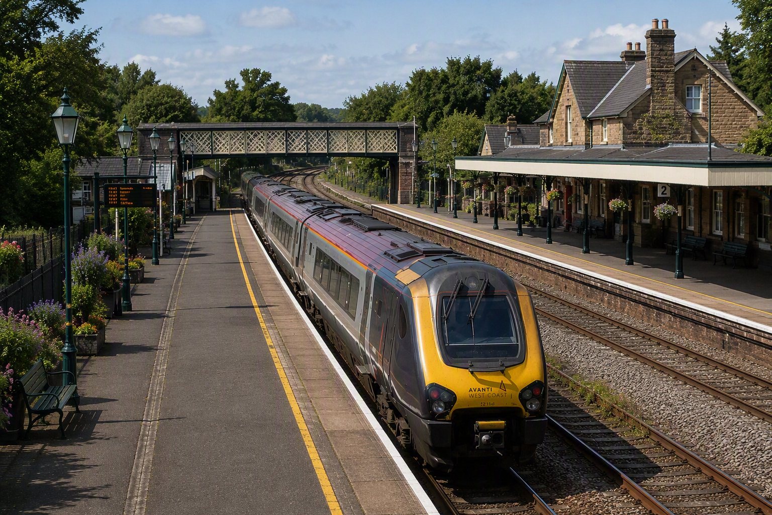 Train at a station platform with footbridge